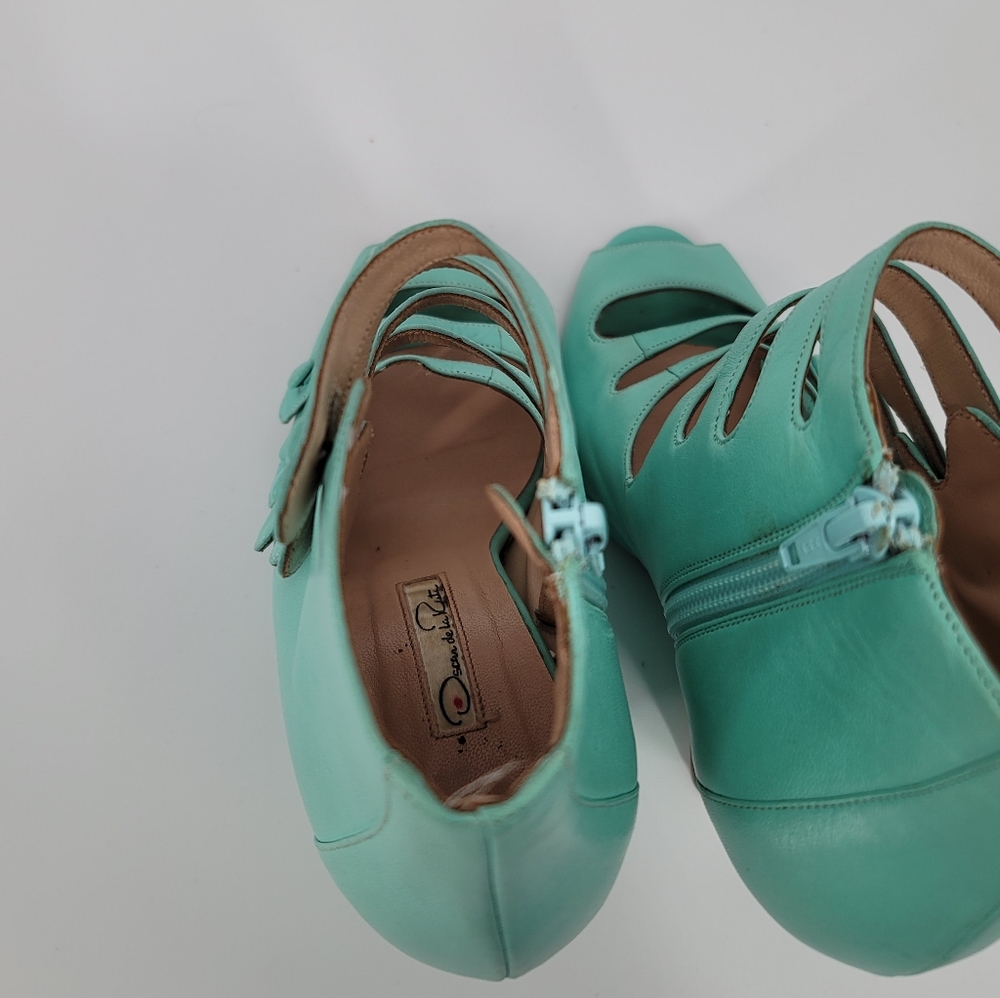 Oscar de la Renta Blue Strappy Dakota Nappa Wedge Sandals Size 35.5 - Picture 8 of 14